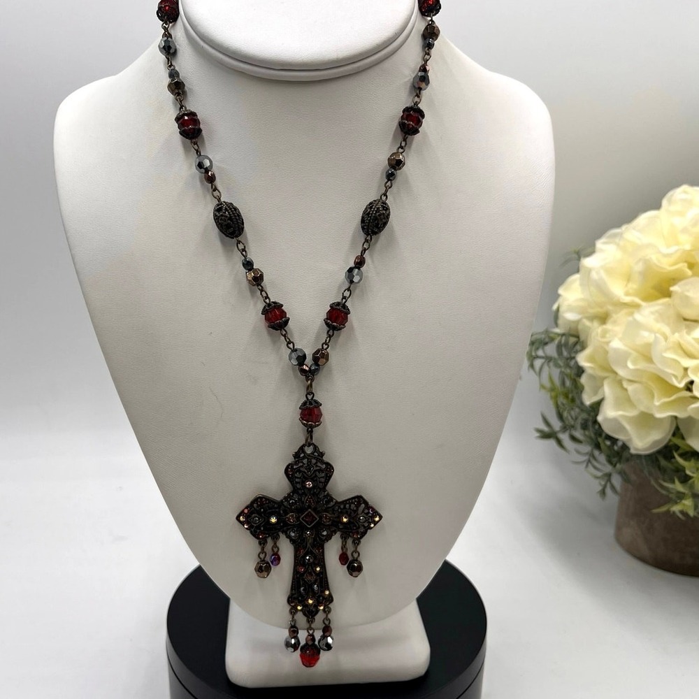 Ben-Amun Signed Christian Ornate Cross Red Gray Rhinestone‎ Pendant Necklace